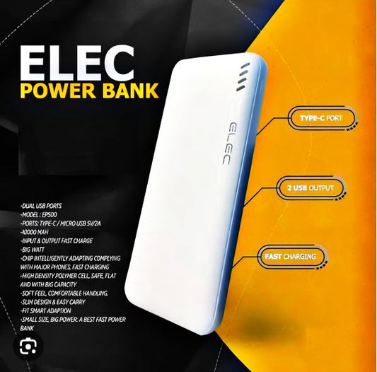 Elec 10,000mah Fast Charging Power Bank – White | Dual Type-a & Type-c Output | With Box